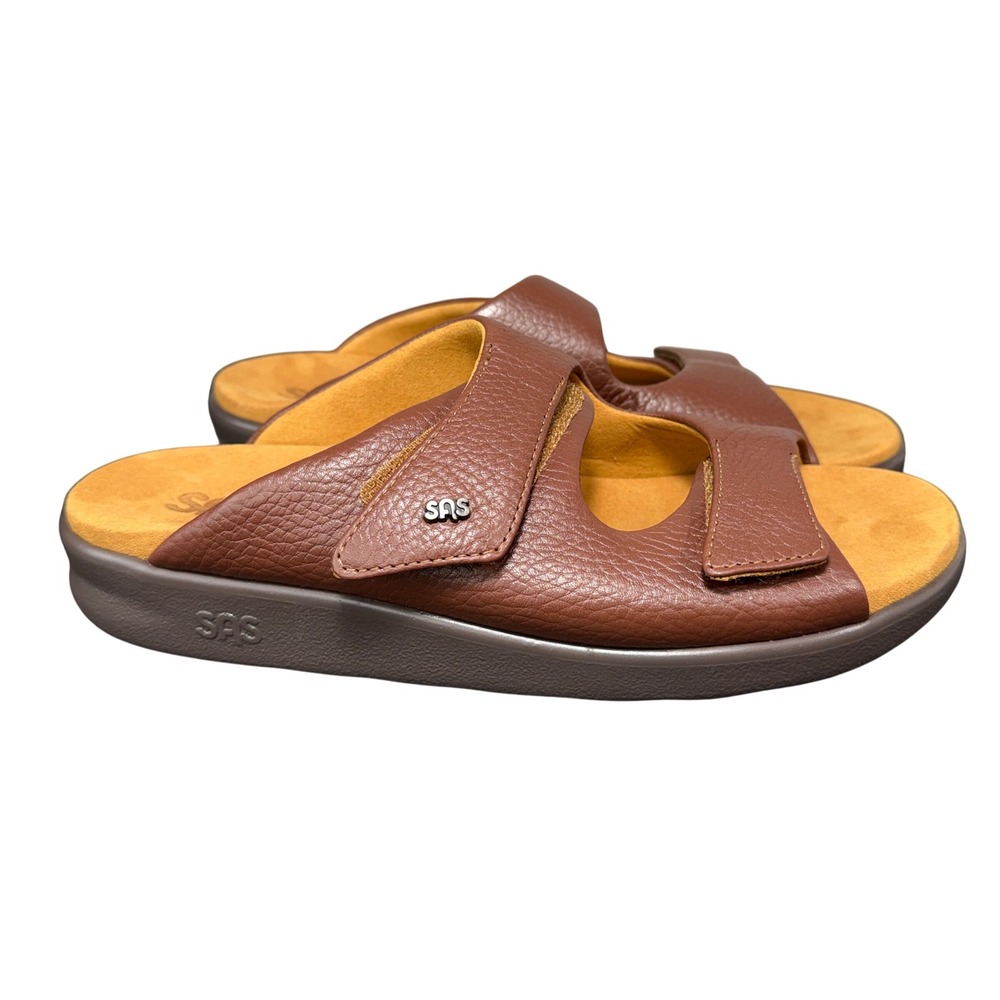 SAS Sunburst Slide Sandals Womens 9 M Brown Leather Adjustable Comfort Shoes